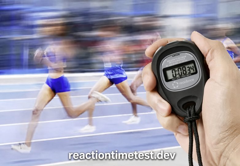 Blurred runners on an indoor track and a hand holding a stopwatch showing 0:08.34, with the text reactiontimetest.dev at the bottom of the image